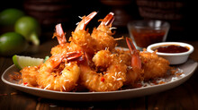 A Plate Of Crispy And Golden Coconut Shrimp With A Sweet Chili Sauce