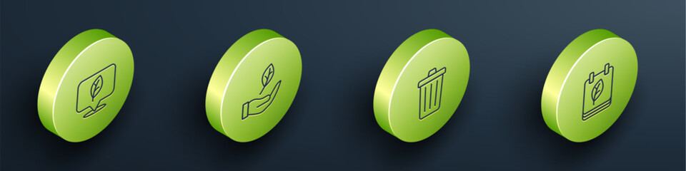 Poster - Set Isometric line Location with leaf, Leaf in hand, Trash can and Calendar autumn leaves icon. Vector