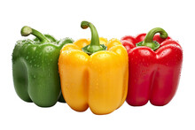 Different Three Bell Peppers With Some Dew Drops On Top On A White Background Isolated PNG