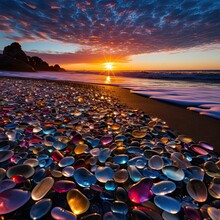 Crimson Sunset On A Beach Filled With Glowing Natural Colored Polish Sea Glass And Stones On The Seashore, With Sky, Sandy Beach With Coast Glass, Photo Realism, Long Exposure Photography, Ethereal