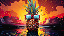 Pineapple Wearing Sunglasses On A Beach At Sunset, Pop Art. 