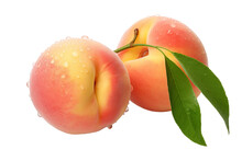Hyperrealistic Two Peaches With Stem And Dew Drops Isolated PNG