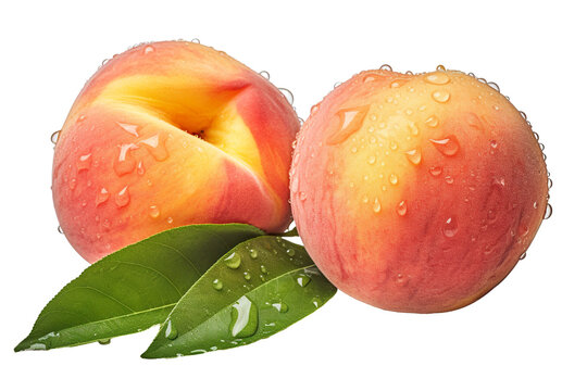 hyperrealistic two peaches with stem and dew drops isolated PNG