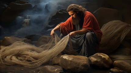 Wall Mural - Apostle Peter cleaning his Christian fishing net