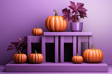 Aufkleber - 3D empty blank cube podium product display with pumpkins beside the podium on purple color theme, studio lighting,  Generative AI technology.