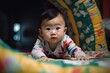 © Regina - An Asian infant baby crawling or laying on his tummy, exploring surroundings. Developmental milestones. Child's curiosity and early mobility. Generative AI