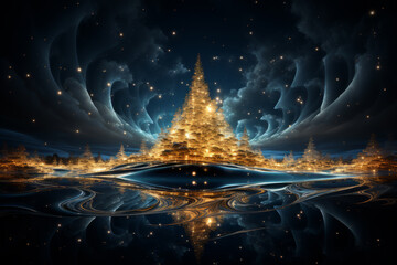 Poster - christmas tree set around the fireplace,  Generative AI technology.
