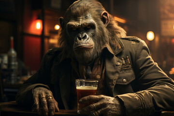 Poster - a guy dressed as a gorilla holding a beverage, Generative AI technology.