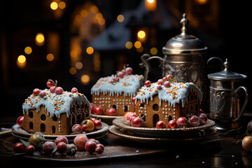 Fototapete - cakes with gingerbread houses image generative ai technology.
