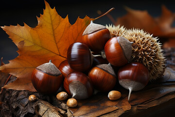 Poster - acorns resting on a fall leaf in autumn,  Generative AI technology.