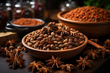 Poster - the star of anise and dried pepper with cinnamon sticks on a dark coloured table, Generative AI technology.