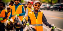 children participating in a citywide cleanup competition, inspiring civic responsibility. Generative AI