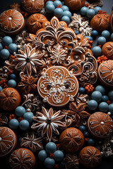 Aufkleber - gingerbread decorations on a wooden table,  Generative AI technology.