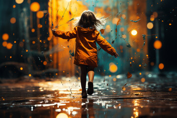 Poster - girl playing in the puddle with a colorful umbrella,  Generative AI technology.