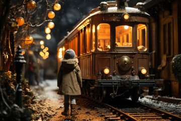 Poster - christmas lights at dusk via steamer holiday trains in the trees christmas wallpaper,  Generative AI technology.