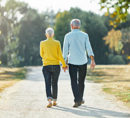 Wall Mural - woman man outdoor senior couple retirement together walking love holding hands support old nature wife happiness mature elderly