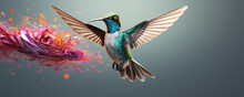 Hummingbird With Colorfull Background. Small Flying Colorful Bird. Panorama Photo