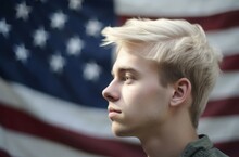 Blonde Man Usa Flag Portrait. Generate Ai
