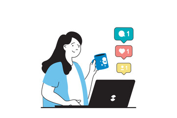 Poster - Digital marketing concept with people scene in flat web design. Woman promoting business blog and gets new followers, likes, comments. Vector illustration for social media banner, marketing material.