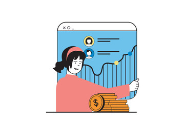 Poster - Digital marketing concept with people scene in flat web design. Woman promoting business blog and increases sales and financial profit. Vector illustration for social media banner, marketing material.