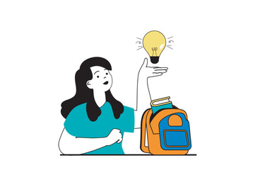 Fototapete - Education concept with people scene in flat web design. Young girl student brainstorming, preparing her backpack and books for lesson. Vector illustration for social media banner, marketing material.