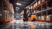 A Forklift Is In Operation Within A Warehouse.