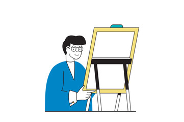 Poster - Education concept with people scene in flat web design. Man teaching in school and preparing presentation with tests for students. Vector illustration for social media banner, marketing material.