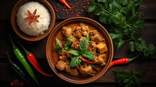 Top View Of Spicy Thai Curry With Pork Meat Serving With Rice And Decorating With Herbal Vegetable Ingredients Like Chili And Eggplant On The Wooden Floor Background. Thai Food. Generative Ai