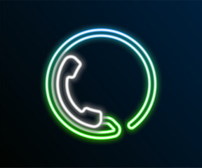 Poster - Glowing neon line Telephone 24 hours support icon isolated on black background. All-day customer support call-center. Full time call services. Colorful outline concept. Vector
