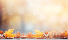 Dreamy Autumn View With Golden Leaves And Snowy Background.  Copy Space. AI Generated