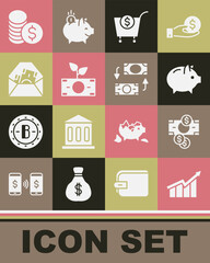 Canvas Print - Set Financial growth increase, Stacks paper money cash, Piggy bank, Shopping cart and dollar, Money plant the pot, Envelope with symbol, Coin and exchange icon. Vector