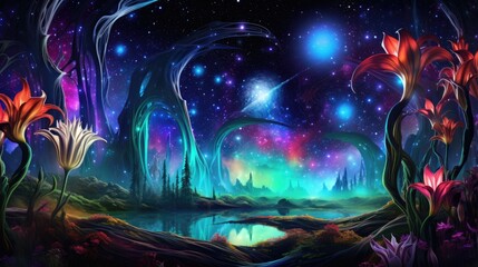 Wall Mural - cosmic lily in universe. fantasy fairy tale abstract blossoming flowers with galaxy space illustrati