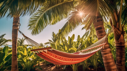 A relaxing outdoor hammock hanging between two palm trees, swaying in the breeze