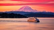 Majestic Mount Rainier at Sunrise - A Ferry Commuting across Puget Sound in a Stunning Washington Landscape of Pacific America