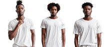 Set Of Handsome Black African Young Man Mockup T-shirts, Isolated On A White Or Transparent Background, With A PNG Cutout For Framing And Mockup Design. White Shirt, Front View.