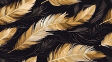 Seamless Pattern With Luxury Gold Feather On Dark Background. Bird Feathers Hand Drawn Abstract Design For Banner, Decoration, Wall Art, Invitation, Wedding, Card And Fabric. Generative AI
