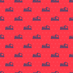 Poster - Blue line Wooden axe icon isolated seamless pattern on red background. Lumberjack axe. Vector