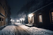 Small cozy street of a winter town with lanterns, falling snow town night landscape outdoor.