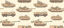 US Military Vehicles Background. Seamless Pattern With Tanks, Artillery, Armored Vehicles And Other. Vector Illustration