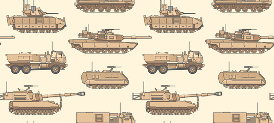 Wall Mural - US military vehicles background. Seamless pattern with tanks, artillery, armored vehicles and other. Vector illustration