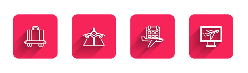 Poster - set line conveyor belt with suitcase, plane, calendar and airplane and with long shadow. red square 