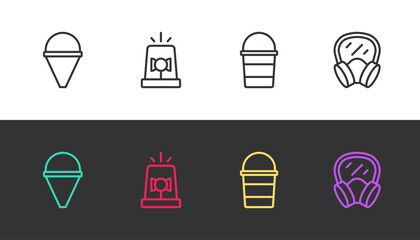 Sticker - Set line Fire cone bucket, Flasher siren, and Gas mask on black and white. Vector