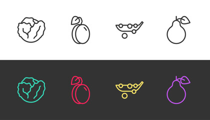 Sticker - Set line Cabbage, Plum fruit, Peas and Pear on black and white. Vector