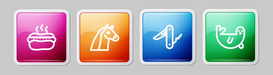 Sticker - Set line Hotdog sandwich, Horse, Swiss army knife and Fur seal animal. Colorful square button. Vector