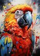 Colourful parrot, painting with colour splashes