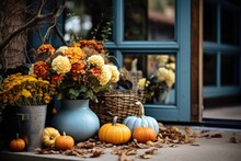 Autumn Home Decor Design Halloween Style Of Fall Leaves And Pumpkins