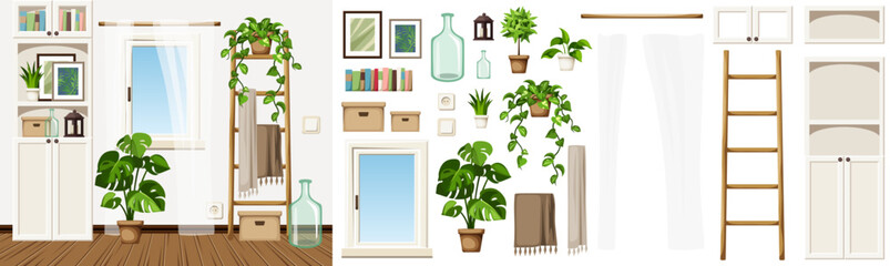 Wall Mural - Cozy Scandinavian room interior design with a white bookcase, a window, a ladder, and houseplants. Furniture set. Interior constructor. Cartoon vector illustration