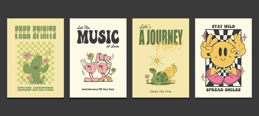 groovy 70s posters or t-shirt graphics printed with a retro cartoon in trendy style, vector illustration