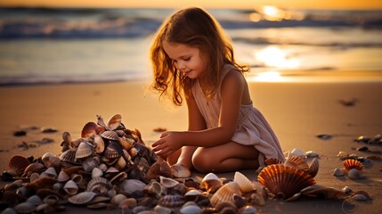 Wall Mural - girl playing with shells on the beach