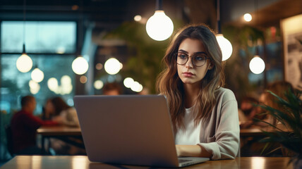 Wall Mural - woman working with laptop in cafe